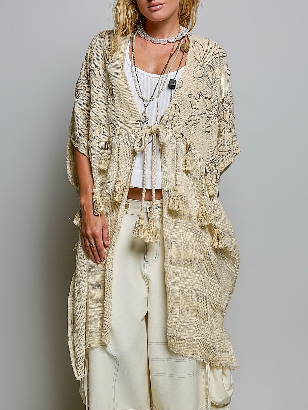 NWT POL Bohemian Natural Tassel Kimono S/M M/L